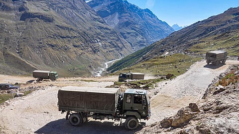Indian Army supply trucks navigate eastern Ladakh roads