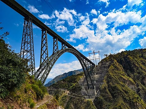 The Chenab Bridge, stretching 1,315 metres, with a 467-m arch and standing 359 m above the river, rises about 35 m higher than the Eiffel Tower