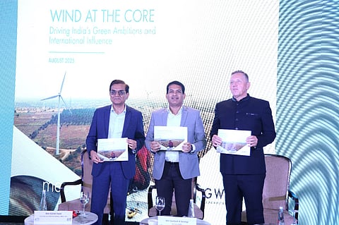 Tanti, Sarangi and Backwell releasing the report Wind at the Core: Driving India’s Green Ambitions and International Influence