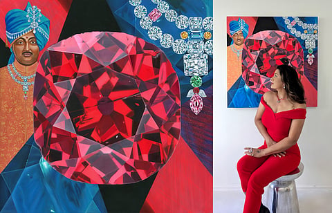 Visual Artist Reena Ahluwalia with her painting, “The Legacy of the Winston Red Diamond”