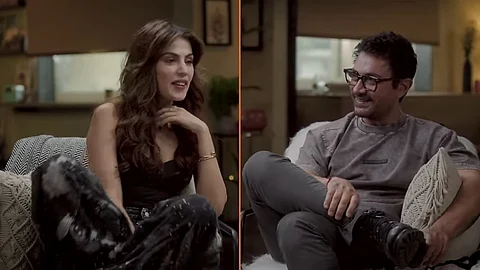 Rhea Chakraborty and Aamir Khan in a still from the podcast