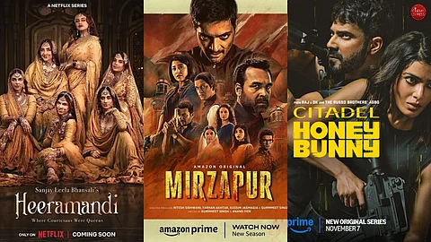 (from left) Posters from Heeramandi, Mirzapur and Citadel: Honey Bunny