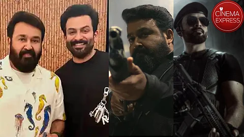 Mohanlal and Prithviraj (L), stills of their characters from Empuraan (M) and (R)