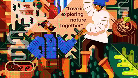 Love is exploring nature together. Created an illustration for Okcupid showing how love today is about learning, travelling, and discovering together.