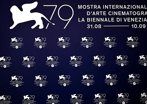 The festival's logo is pictured on 31 August 2022 during the 79th Venice International Film Festival at Lido di Venezia in Venice, Italy. (Photo by Marco BERTORELLO / AFP)