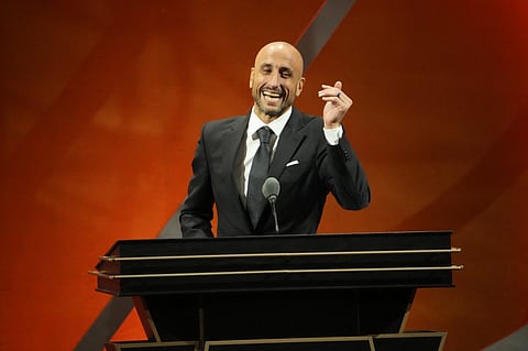 Hall of Fame Inductee Manu Ginobili speaks to the audience during the 2022 Basketball Hall of Fame Enshrinement Ceremony on September 10, 2022 at Symphony Hall in Springfield, Massachusetts. Photo by Jesse D. Garrabrant / NBAE / Getty Images / Getty Images via AFP