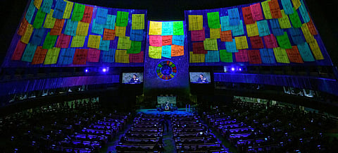 THIS wide view of projections in the General Assembly Hall as Prime Minister Mia Amor Mottley (on screen) of Barbados and SDG Advocate co-chair, addresses the SDG Moment 2022. | UN Photo/Manuel Elías