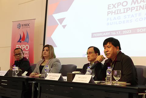 Photograph by Joey Mendoza for the Daily Tribune @tribunephl_joey
(From left) Philippine Association of Maritime Training Center Inc. former president Capt. Arsenio Padilla, Worldwide Maritime Operations Company Group president Rachelle Lopez, Philippine Association of Coastal and Inland Water Ferries Inc. president Capt. Jess Morales and Luisito de los Santos of the Maritime Industry Authority announce the ‘Flag State and Shipbuilders Convention and Expo: Maritime Philippines 2023’ at the Sheraton Manila Bay last Tuesday.