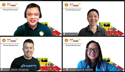 Shell LiveWIRE Virtual Homeroom’s second leg discusses the value of creating meaningful connections between businesses and their partners and customers. Present during the mentoring session: Upper row, from L: Serge Bernal, Pilipinas Shell’s vice president of corporate relations; RJ Ledesma, Host. Bottom row, from L: Prosperna CEO Dennis Velasco and Noreen Bautista, CEO of Panublix. | photograph courtesy of shell