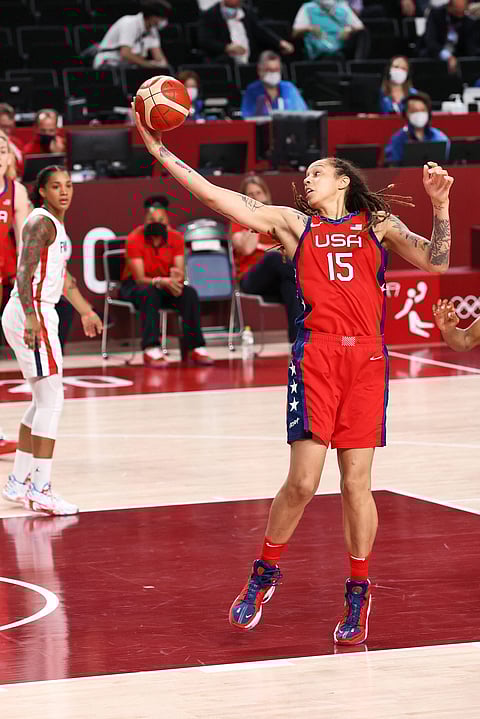 TOKYO, JP - August 2: Brittney Griner #15 of the USA Women's National Team rebounds during the game against the France Women's National Team during the 2020 Olympics on August 2, 2021 at Saitama Super Arena in Tokyo, JP. NOTE TO USER: User expressly acknowledges and agrees that, by downloading and or using this Photograph, User expressly acknowledges and agrees that, by downloading and/or using this Photograph, user is consenting to the terms and conditions of the Getty Images License Agreement. Mandatory Copyright Notice: Copyright 2021 NBAE Ned Dishman/NBAE via Getty Images/AFP (Photo by Ned Dishman / NBAE / Getty Images / Getty Images via AFP)