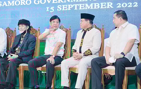 PRESIDENT Ferdinand Romualdez Marcos Jr. (second from left) talks to BARMM Chief Minister Ahod B. Ebrahim, and Speaker Martin Romualdez in Cotabato City during the inauguration of the newly-appointed members of the Bangsamoro Transition Authority Parliament who will serve until 2025. Also in photo is MNLF chairman Nur Misuari, left.