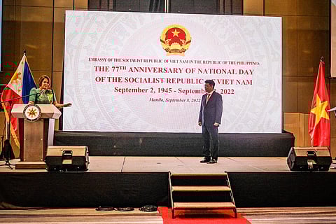 Vietnam Ambassador Hoang Huy Chung is on stage with Vice President Sarah Duterte who was guest of honor at the celebration of the 77th anniversary of the Independence Day of Vietnam held at Conrad Manila. | photographs by yummie dingding for the daily tribune @tribunephl_yumI