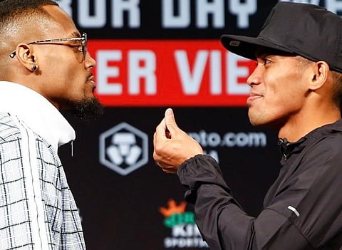 Filipino fighter Mike Plania (right) seems to taunt American foe Ra’eese Aleem during a press conference for their 10-round super-bantamweight clash at Crypto.com Arena in Los Angeles. | PHOTOGRAPH COURTESY OF Stephanie Trapp