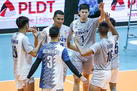 MEMBERS of the PGJC-Navy team celebrate their victory over VNS in the Spikers’ Turf Open conference. | Photograph COURTESY OF SPIKERS’ TURF