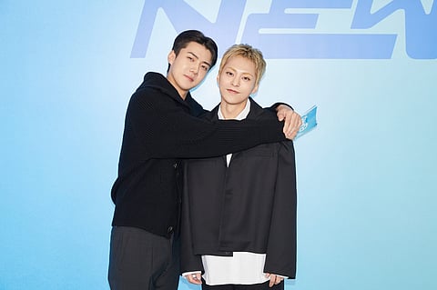 exo’s Sehun and Xiumin at the media conference and release of ‘Brand New — The 1st Mini Album.’