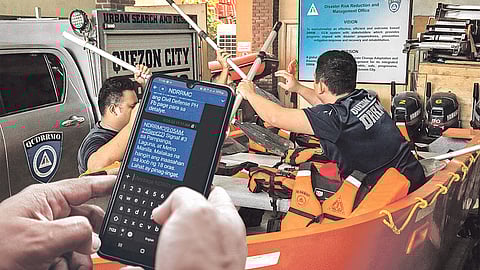 Getting ready Mobile phones are busy with emergency alerts following the threat posed by super typhoon ‘Karding.’ Government disaster responders prepare rubber boats and life vests in Quezon City ahead of the storm’s expected landfall in Quezon Sunday evening. | PHOTOGRAPHS BY Joey Sanchez mendoza AND ESPIRITU/AGENCE FRANCE-PRESSE FOR THE DAILY TRIBUNE@tribunephl_joey