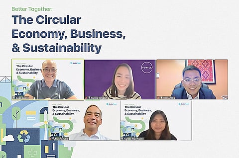 Elevating the sustainability conversation Participants in AboitizPower’s virtual event on a circular economy: (Top row, from left) AboitizPower vice president for reputation management Suiee Suarez; research and development and communications specialist for Humble Sustainability Rianna Bengzon; Dean of the School of Environmental Science and Management of the University of the Philippines-Los Baños Dr. Rico C. Ancog; (bottom row, from left) AboitizPower president and chief executive officer Emmanuel Rubio; and #BetterTogether host Neli Marzo. | photograph courtesy of aboitizpower