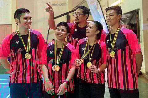 PHOTOGRAPH COURTESY OF SMART SPORTS
MEMBERS of the national team celebrate after winning three gold medals in the 2022 Benin International in Ouidah Sunday. From left: Thea Pomar, Rosman Razak, Yssa Leonardo, Mika de Guzman, Alvin Morada, Christian Bernardo and Jewel Angelo Albo.