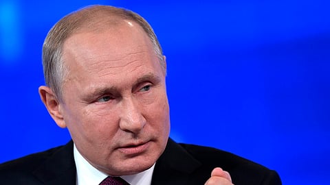 Russian President Vladimir Putin gestures while speaking during his annual call-in show in Moscow, Russia, Thursday, June 20, 2019. Putin hosts call-in shows every year, which typically provide a platform for ordinary Russians to appeal to the president on issues ranging from foreign policy to housing and utilities. (Alexei Nikolsky, Sputnik, Kremlin Pool Photo via AP)