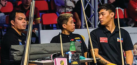 The Philippines has barged into the semifinals of the 2022 Predator World Teams 10-ball championship in Austria. From left: Carlo Biado, Rubilen Amit and Johann Chua. | Photograph COURTESY OF PREDATOR 10-BALL
