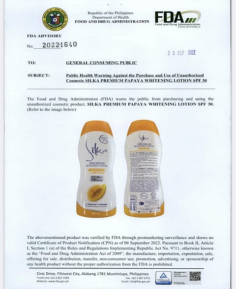FDA Issues Health Warning vs. Silka Papaya Whitening Lotion