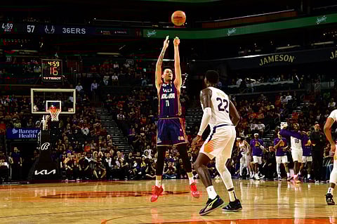 Kai Sotto of the Adelaide 36ers shoots the ball during the game against the Phoenix Suns on 8 October at Footprint Center in Phoenix, Arizona. Photo by Kate Frese / NBAE / Getty Images / Getty Images via AFP