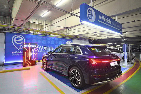 Audi e-tron SUV at the SM mall charging station. It is the first mall chain to install e-vehicle charging facilities in the Philippines. Located at prime spots in the malls’ parking areas, the chargers are suitable for fully electric Porsche and Audi models. | Photograph courtesy of BDO Unibank