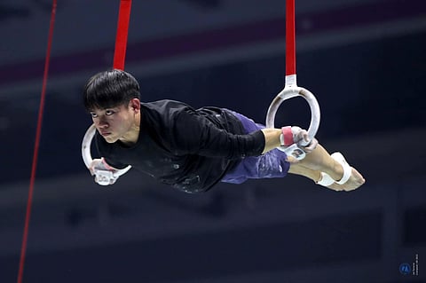 PHOTOGRAPH COURTESY
OF JAT TENORIO/GAP
CARLOS Yulo is a picture of determination as he prepares for the 51st FIG Artistic Gymnastics World Championships in Liverpool, England.