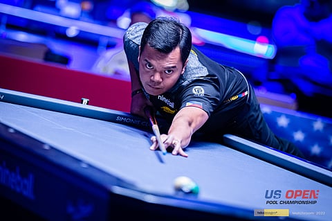 Carlo Biado stays on target in the 2022 US Open 9-Ball Championships in Atlantic City. | Photograph COURTESY OF Matchroom Pool/FB