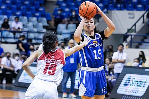 PHOTOGRAPH COURTESY OF UAAP
Jhazmin Joson of Ateneo de Manila University elevates against University of the East during their UAAP Season 85 women’s basketball tournament at the Ynares Sports Center in Antipolo on Sunday.