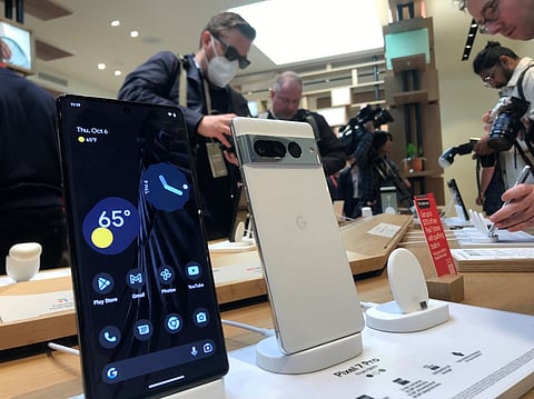 The Google Pixel 7 Pro phone is displayed at its launch in New York on 6 October 2022. Once a minor player in the smartphone business, Google confirmed its new ambition to penetrate the highly competitive market. (Photo by THOMAS URBAIN / AFP)
