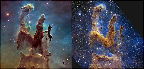 The Pillars of Creation as seen through the Hubble (left) and the James Webb telescopes. | SPACE TELESCOPE SCIENCE INSTITUT/Agence france-presse