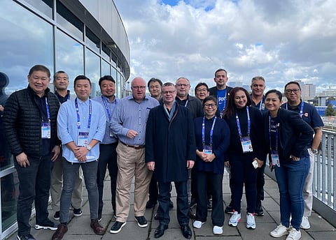John Lucas, head of Joint Management Committee Philippines; Dickie Bachmann, head of the LOC Operations for FIBA World Cup 2023; and Erika Dy, deputy director for FIBA World Cup 2023 observe the 2022 Eurobasket in Germany together with ranking International Basketball Federation officials. Photo courtesy of SBP