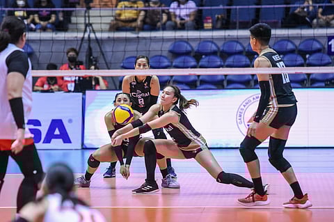 Rachel Daquis brings Cignal to the top against MJ Phillips and Petro Gazz in their PVL Reinforced Conference game yesterday. Cignal won, 25-22, 34-32, 15-25, 16-25, 15-13. Photo courtesy of PVL