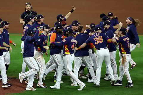 HOUSTON, TEXAS - 5 NOVEMBER: The Houston Astros celebrate after defeating the Philadelphia Phillies 4-1 to win the 2022 World Series in Game Six of the 2022 World Series at Minute Maid Park on November 05, 2022 in Houston, Texas. Rob Carr/Getty Images/AFP (Photo by Rob Carr / GETTY IMAGES NORTH AMERICA / Getty Images via AFP)
