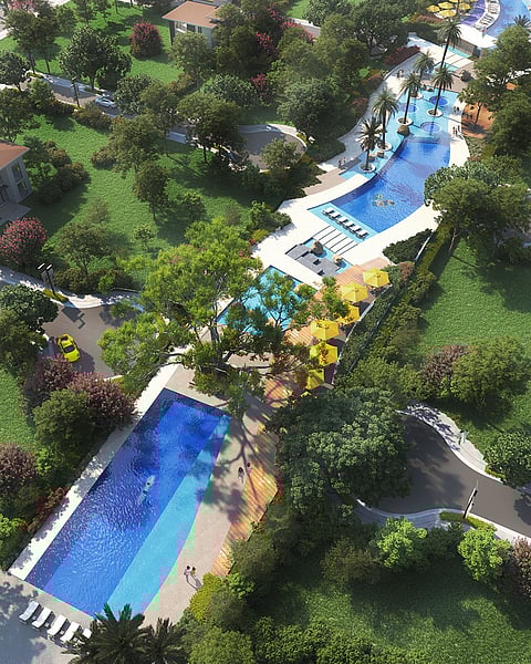 Architect’s perspective of the Premier District features a 232 linear meter pool with 1,600 sqm water surface area.