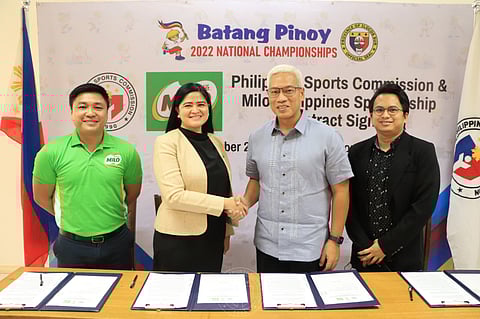 A memorandum of Agreement was signed by the PSC and Nestle Philippines-MILO on Monday in time for the hosting of the 17 to 21 Batang Pinoy in Vigan. Photo courtesy of PSC / Facebook
