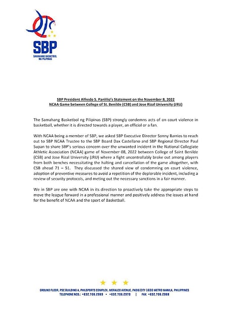 SBP adds voice condemning violence in JRU-Benilde game