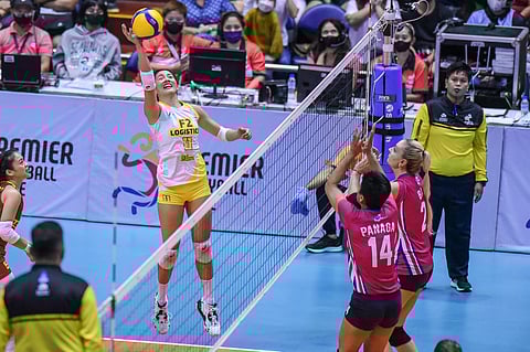 Kim Dy anchored F2 Logistics' block party with six kill blocks to frustrate Creamline in the Cargo Movers' five-set come-from-behind win in the PVL Reinforced Conference. Photo courtesy of PVL