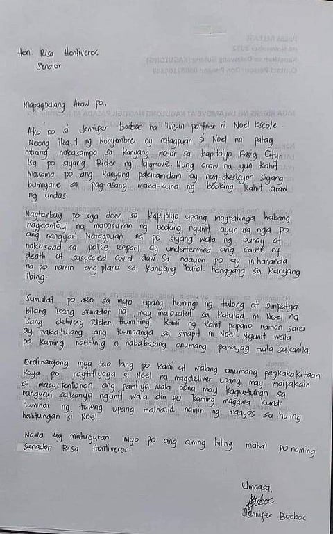 Wife of delivery rider found lifeless asks Hontiveros’ help