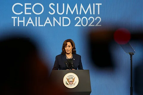 US Vice President Kamala Harris addresses the APEC CEO Summit during the Asia-Pacific Economic Cooperation Summit in Bangkok on 18 November 2022. Photo by JACK TAYLOR / POOL / AFP