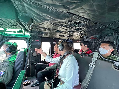 President Ferdinand Marcos Jr. conducted an aerial inspection of Maguindanao province on Tuesday, 1 November, accompanied by Governor Bai Mariam S. Mangudadatu, Public Works and Highways Secretary Manuel Bonoan, and Social Welfare Secretary Erwin Tulfo. (Photo courtesy of the Office of the Press Secretary)