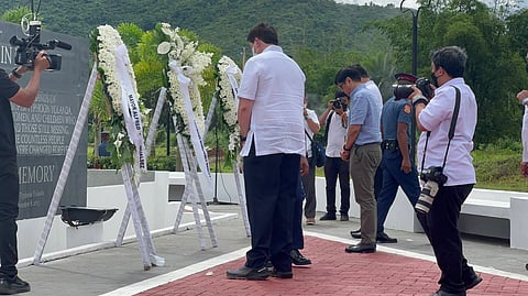 President Ferdinand Bongbong Marcos Jr., Speaker Martin Romualdez, and Tacloban City Mayor Alfred Romualdez lead the wreath-laying ceremony and offer prayers for victims of Super Typhoon "Yolanda" during the 9th-anniversary commemoration of the typhoon. (Photo courtesy of the Speaker's Office)