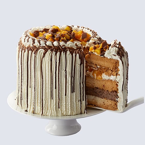 THe popular Mango Bravo
is made of layers of crunchy wafers filled with chocolate mousse, cream, and mango cubes.