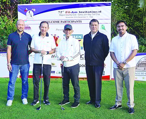 BAGUIO City Mayor Benjamin Magalong (center) poses with (from left) Fil-Am Foundation board of trustees members Engr. Eliseo Lagman and Freddie Mendoza, Baguio Country Club general manager Anthony de Leon and Camp John Hay Golf Club GM Jude Eustaquio after hitting the ceremonial ball ushering in the seniors tournament of the 72nd Fil-Am Men’s Invitational. | Photograph courtesy of Fil-Am Invitation