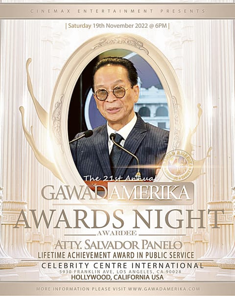 Prominent lawyer Salvador Panelo, whose private practice and public roles were always intertwined, is set to receive a Lifetime Achievement Award in Public Service in the United States. | PHOTOGRAPH COURTESY OF Gawad Amerika Facebook page