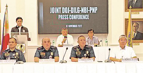 Murder, they say At the press conference for the Percy Lapid double murder case, authorities announced that charges were filed against suspended Bureau of Corrections chief Gerald Bantag, BuCor’s Directorate for Security and Operations Superintendent Ricardo Zulueta, and others. In photo are (back row, seated, from left) Justice Secretary Jesus Crispin Remulla and Interior and Local Government Benjamin Abalos Jr.; (front row, from left) P/Brig. Gen. Kirby John Kraft of DCADD Southern Police District, P/Brig. Gen. Jonnel Estomo, regional director NCRPO, Philippine National Police Chief Rodolfo Azurin Jr., and National Bureau of Investigation Director Medardo de Lemos. | PHOTOGRAPH BY Joey Sanchez Mendoza FOR THE DAILY TRIBUNE @tribunephl_joey