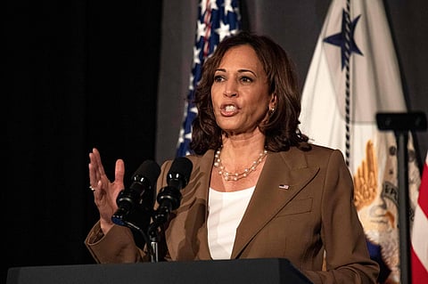 US Vice President Kamala Harris speaks to elected officials, labor union leaders and union workers at the Annual Greater Boston Labor Council Breakfast on Labor Day in Boston, Massachusetts on September 5, 2022.