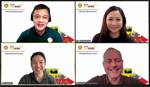 Startups discover and amplify their brand identities in the increasingly competitive online world for the 3rd and last leg of 2022’s Shell LiveWIRE Virtual Homeroom. Upper row, from left: Serge Bernal, Vice President of Corporate Relations, Pilipinas Shell Petroleum Corporation; and Donna Santos, Head of Marketing and Growth for e-Commerce, Robinsons Land Corporation. Bottom row, from left: Host RJ Ledesma; and Brad Geiser, CEO and Co-founder, GeiserMaclang. | Photograph courtesy of Shell