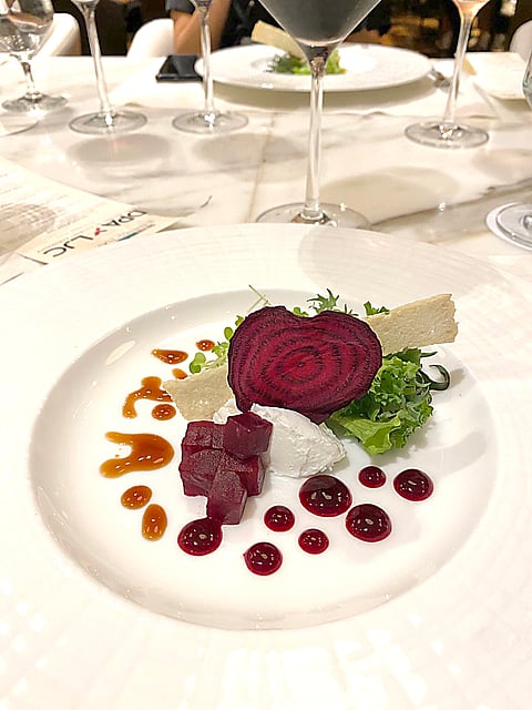 Photograph by
Matthew Pirante Perez
for the Daily Tribune
Whipped 'soignon' French goat cheese with a variation of red beets and a Pedro Ximenez sherry
vinegar wine.